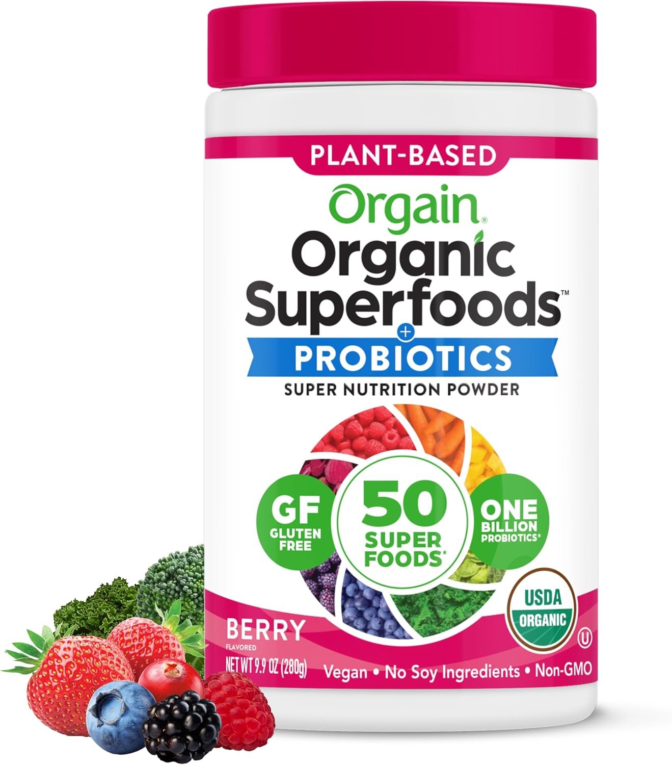 Orgain Organic Greens Powder, 50 Superfoods + Probiotics, Berry, 0.62 lb | 1 billion probiotics for digestive health, antioxidants, vegan, gluten free, non-GMO, for smoothies & green juice