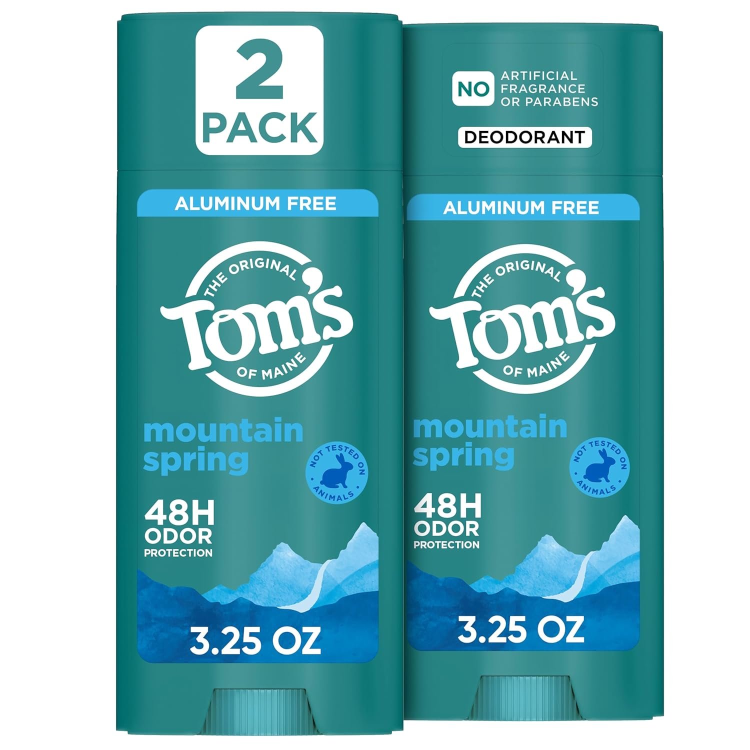 Tom’s of Maine Mountain Spring Natural Deodorant, 3.25 oz (2 Pack) | Aluminum Free, No Artificial Fragrances, Dyes, or Preservatives, Baking Soda Free, 48-Hour Odor Protection