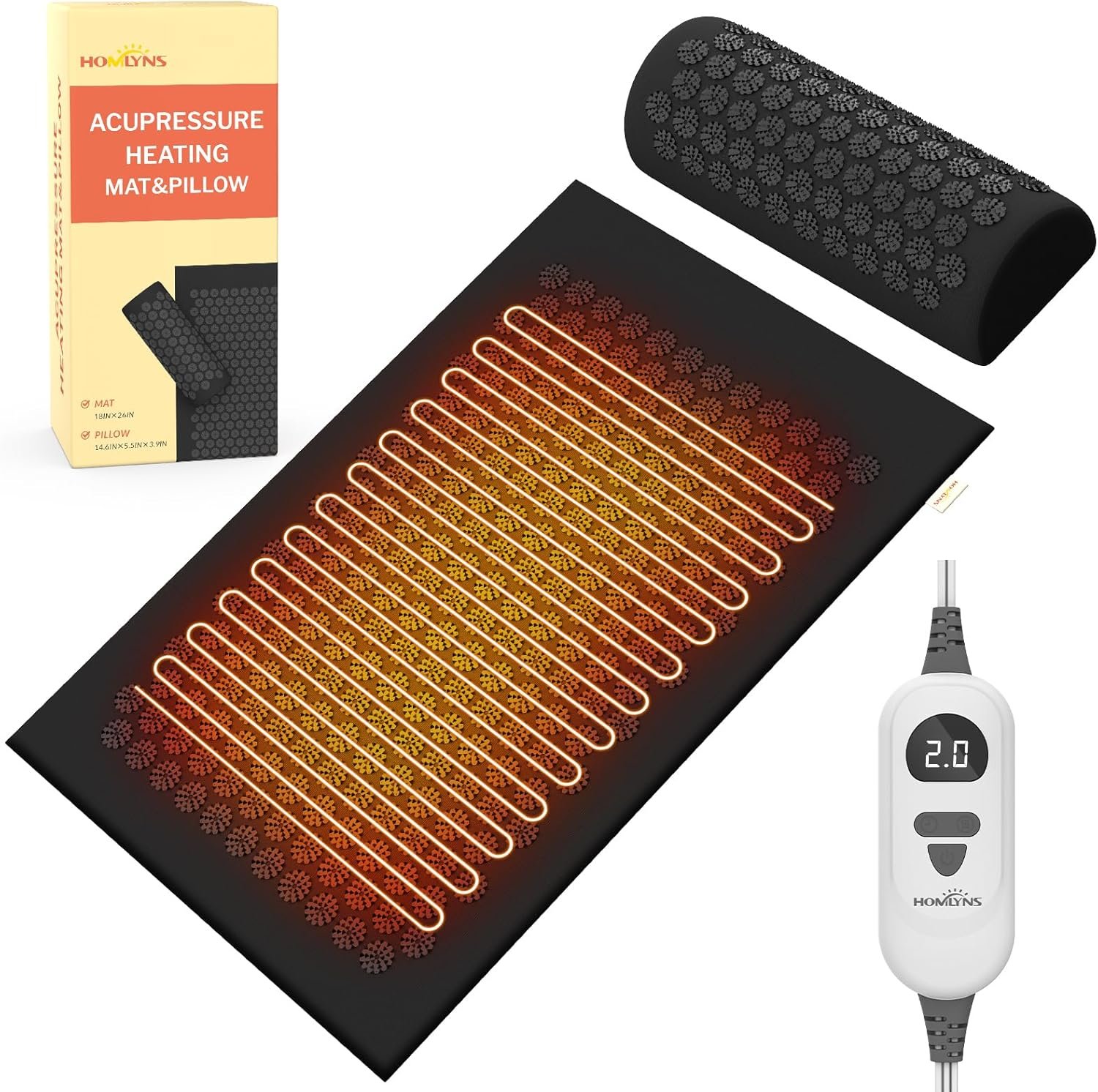 Heated Acupressure Mat, 6 Heat Levels, 2-Hour Auto-Off | 4 timer settings, mat and pillow set, cotton cover, detachable power cord