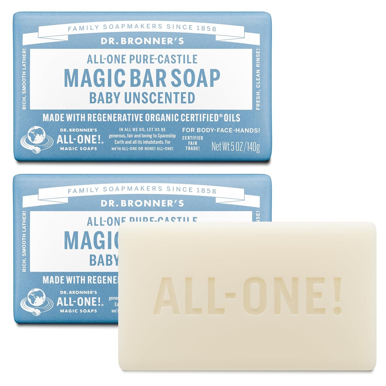 Dr. Bronner’s – Pure-Castile Bar Soap (Baby Unscented, 5 ounce, 2-pack) – Made with Organic Oils, For Face, Body, Hair, Gentle for Sensitive Skin, Babies, No Added Fragrance, Biodegradable, Vegan