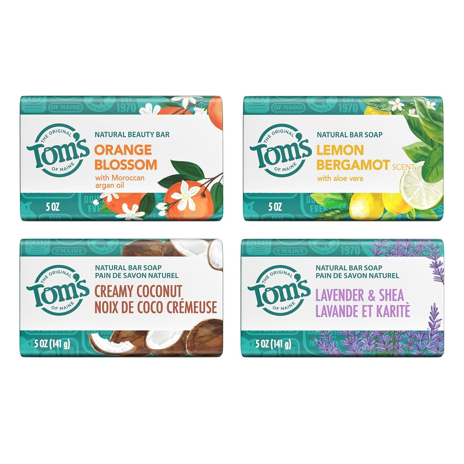 Tom’s of Maine Aluminum Free Natural Bar Soap Variety Pack, 5 oz (4 Pack) | Sensitive Skin, Soap Bar, Soap Bar for Women, Gentle Cleansing, Personal Care Product, Everyday Clean, Daily Skincare Routine