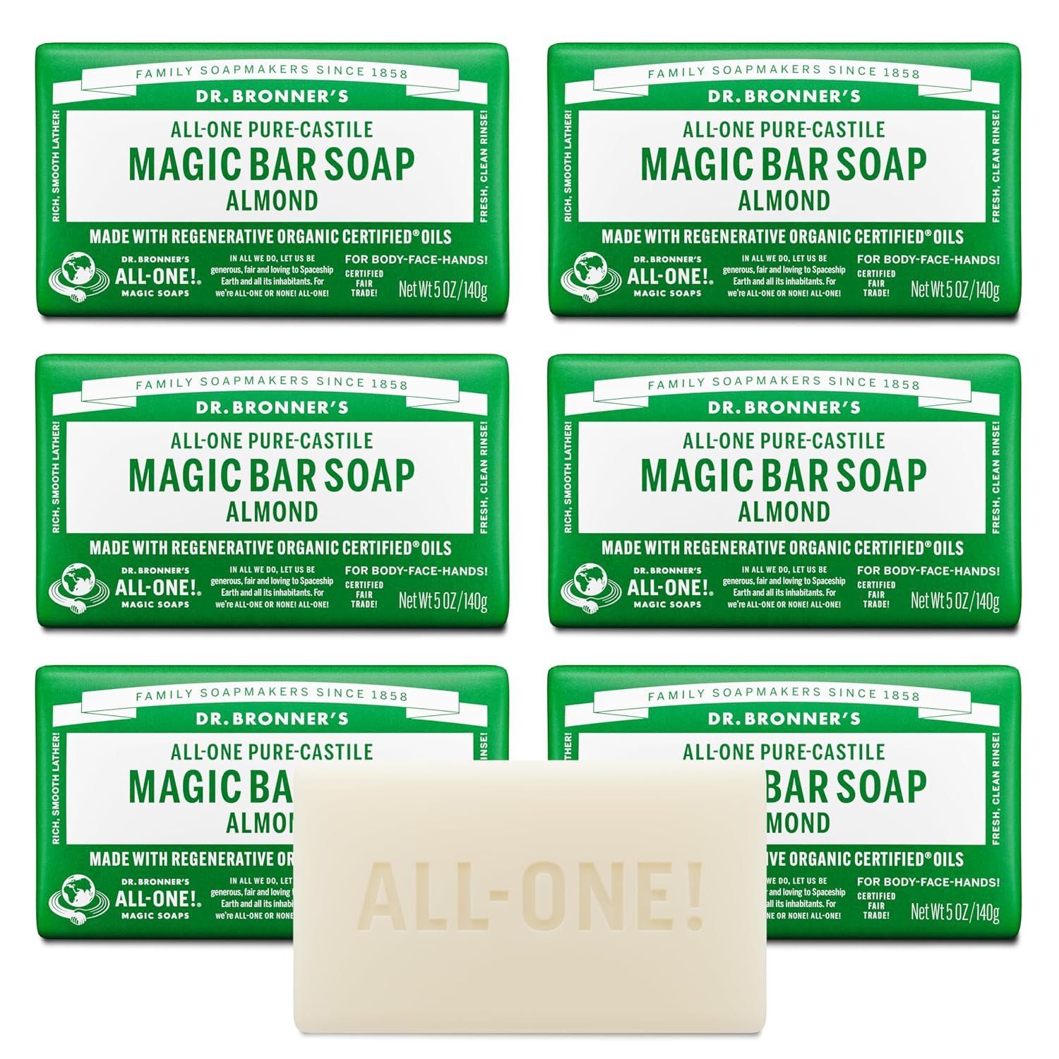 Dr. Bronner’s – Pure-Castile Magic Bar Soap (Almond, 5 oz, 6-Pack) – Made with Regenerative Organic Certified Oils- For Face, Body & Hair, Gentle, Vegan Bath Soaps for Men & Women, Non-GMO