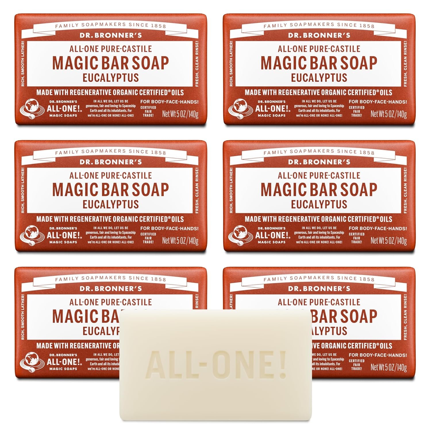 Dr. Bronner’s Pure-Castile Magic Soap Bars (Eucalyptus, 5 oz, 6-Pack)- Made with Regenerative Organic Certified Oils for Face, Body & Hair – Gentle, Vegan- Bar Soaps for Men & Women