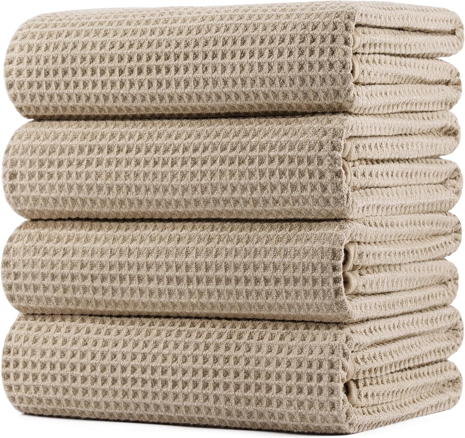 POLYTE 430 GSM Poly Blend Microfiber Quick Dry Waffle Bath Towel, 30×60 in | 4 Pack, Oversize, Lint Free, Body Towel
