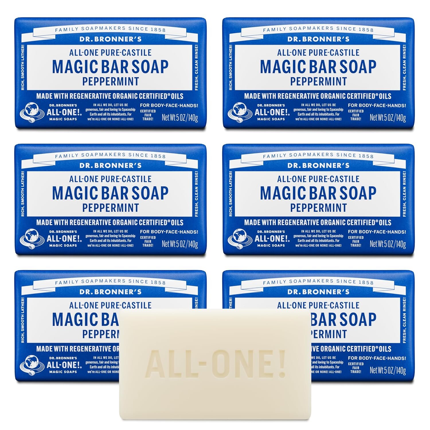 Dr. Bronner’s Pure-Castile Magic Soap Bars (Peppermint, 5 oz, 6-Pack) – Made with Regenerative Organic Certified Oils – For Face, Body & Hair – Gentle, Vegan – Bar Soaps for Men & Women