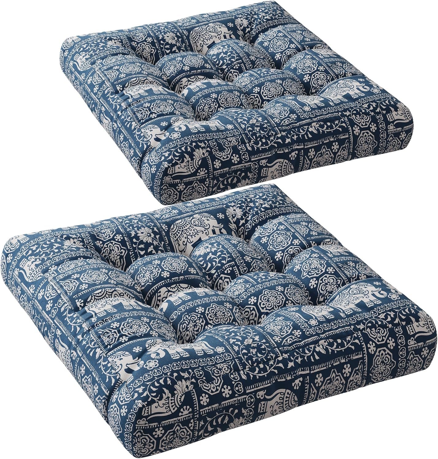 Codi Square Floor Cushions, Large Boho Pillow Seating for Adults, 2 Pack | Shredded memory foam, Ergonomic sitting support for meditation yoga, Home decor, Spot clean only, Indigo Elephant, 22 Inch