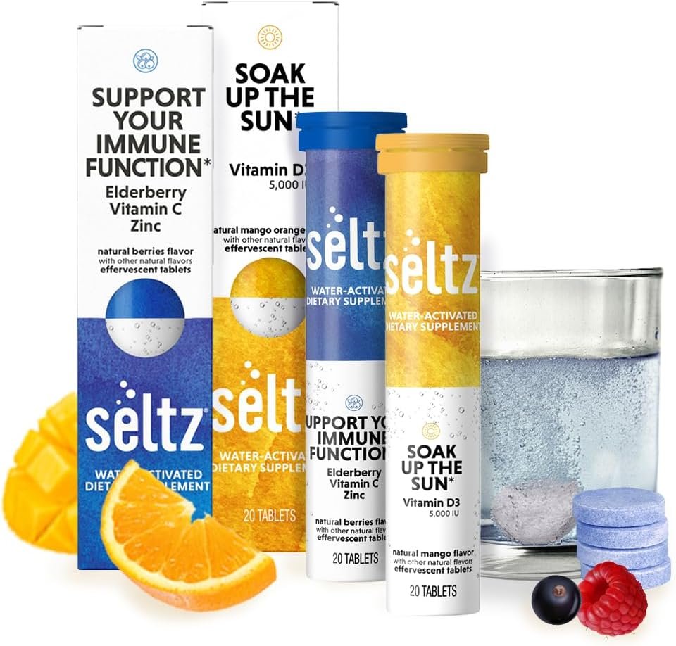 Seltz® D-fense & D-Light Pack – Vitamin D + Immune Support Effervescent Vitamins (Soak up The Sun + Support Your Immune Function) with Vitamin D3 (5,000 IU), Elderberry, Vitamin C, and Zinc