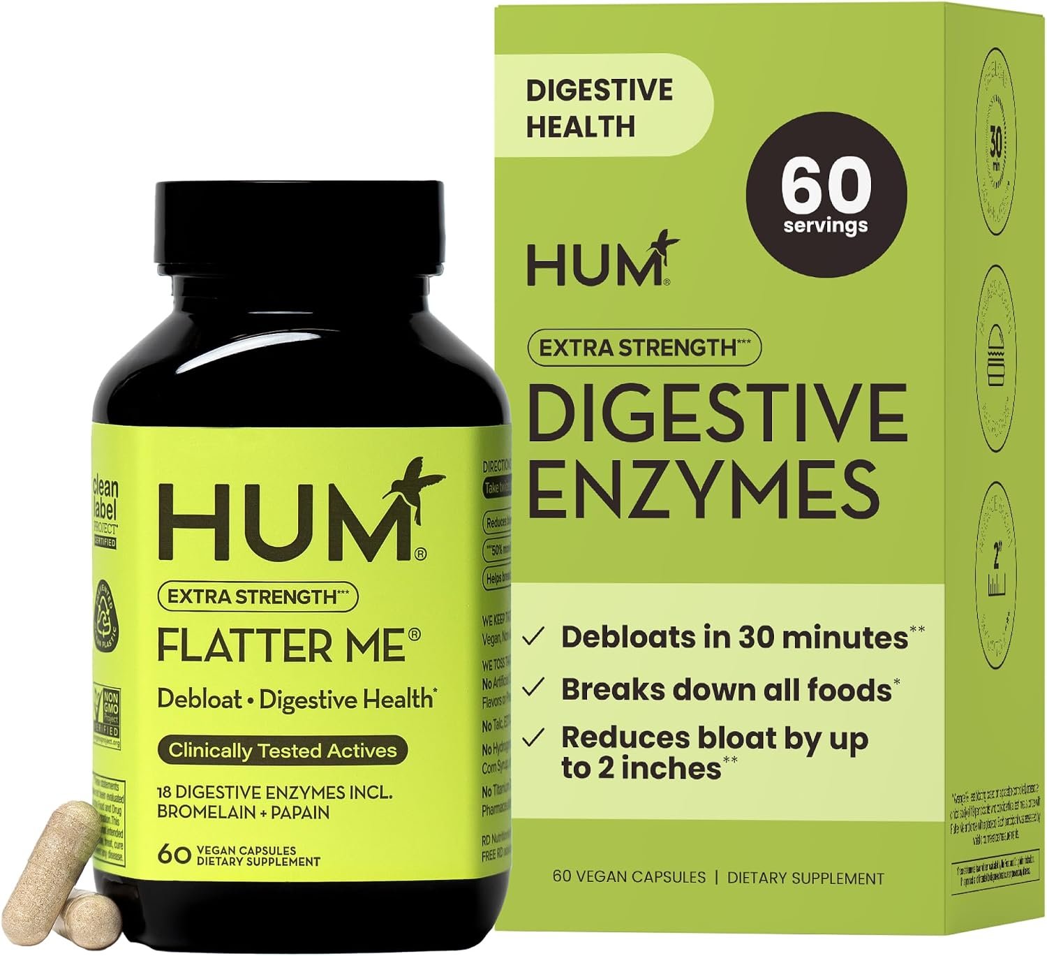 HUM Flatter Me Extra Strength Digestive Enzymes, Bloating Support, 60 Count